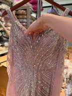 Luxury Pink Beaded Mermaid Evening Dress With Cape Sleeves CLA73210A