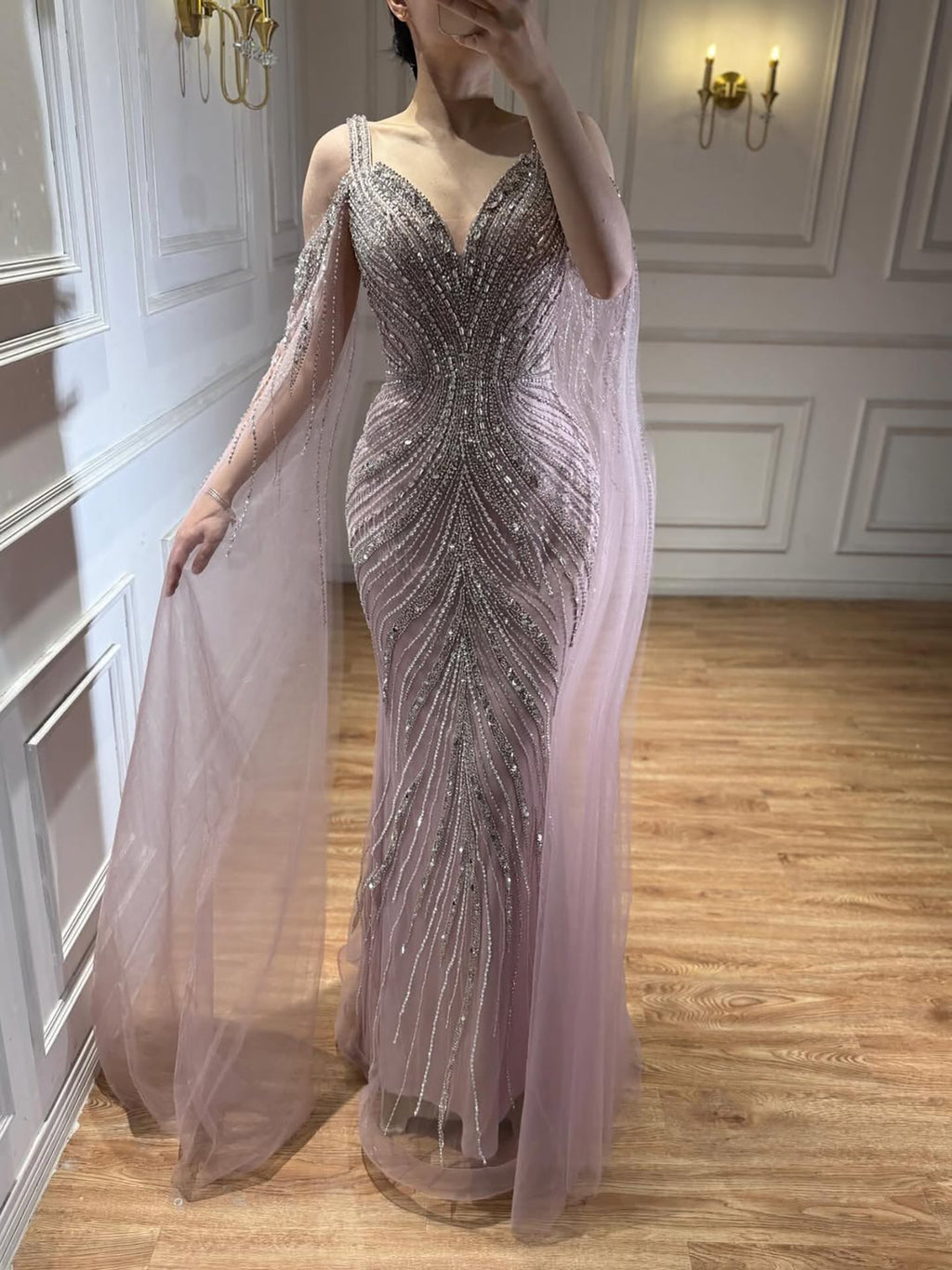 Luxury Pink Beaded Mermaid Evening Dress With Cape Sleeves CLA73210A