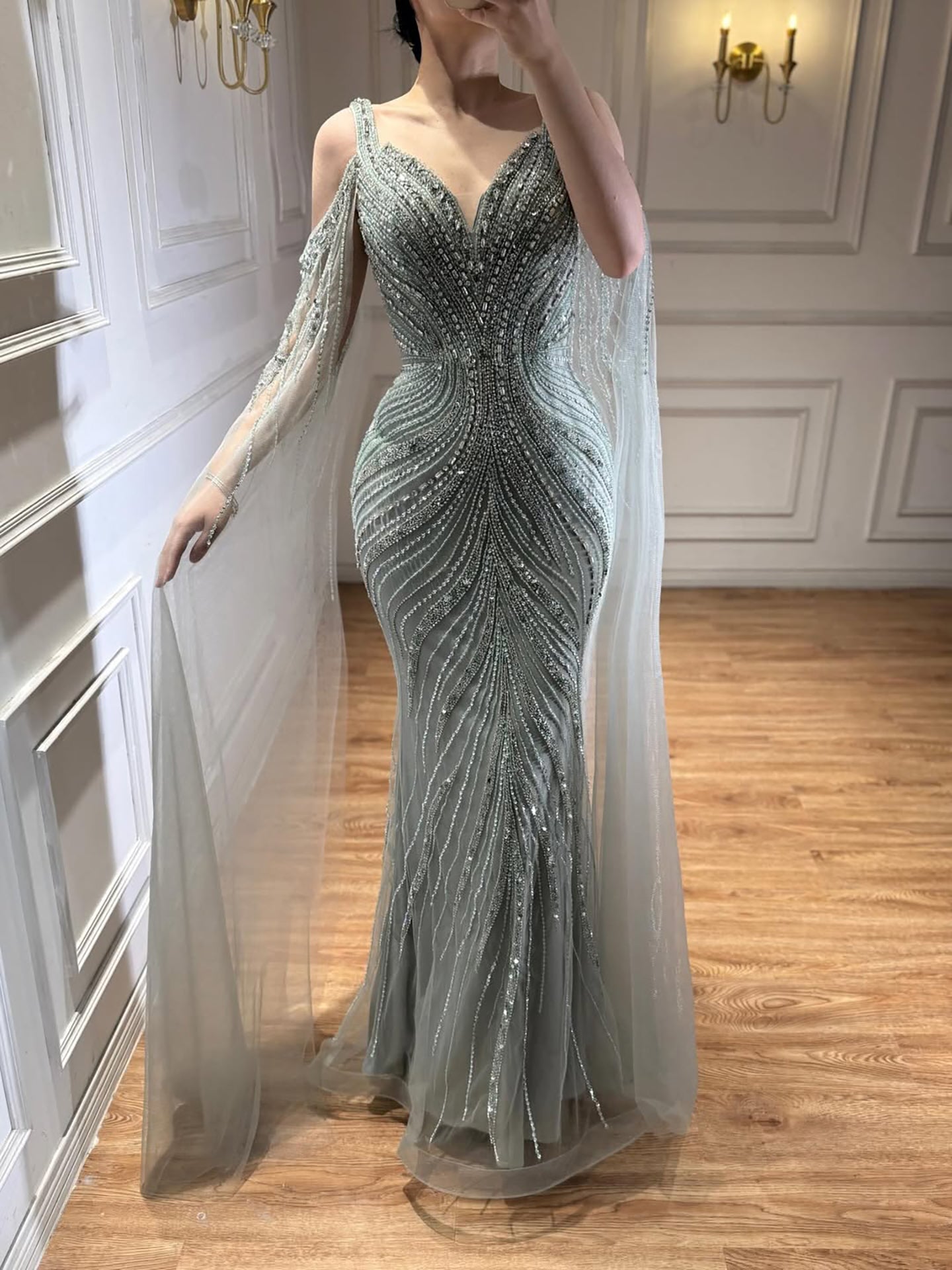 Luxury Caramel Beaded Mermaid Evening Dress With Cape Sleeves CLA73210