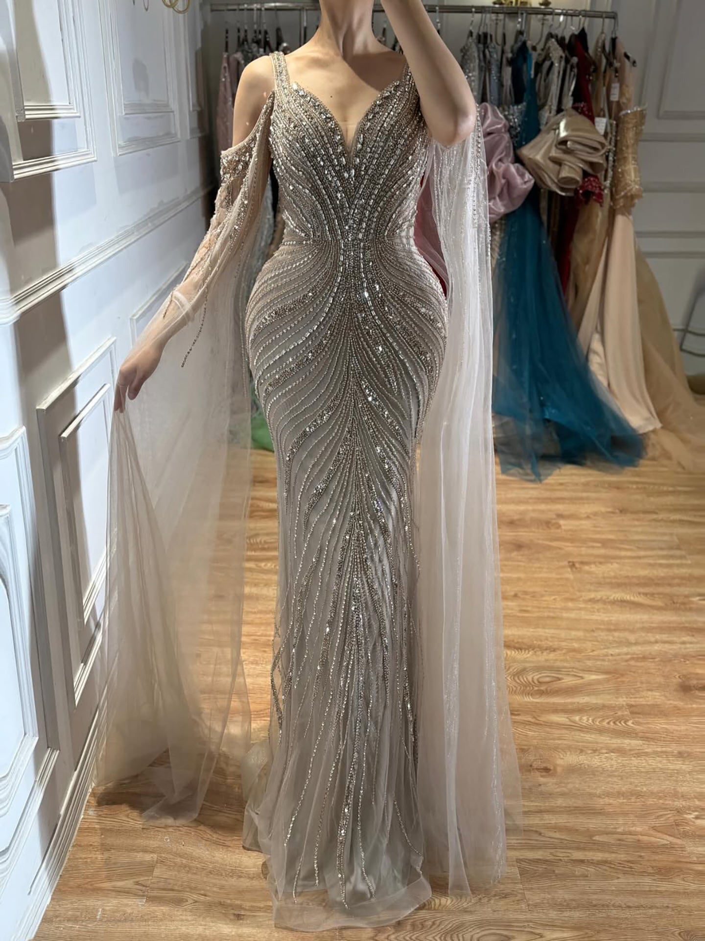 Luxury Caramel Beaded Mermaid Evening Dress With Cape Sleeves CLA73210