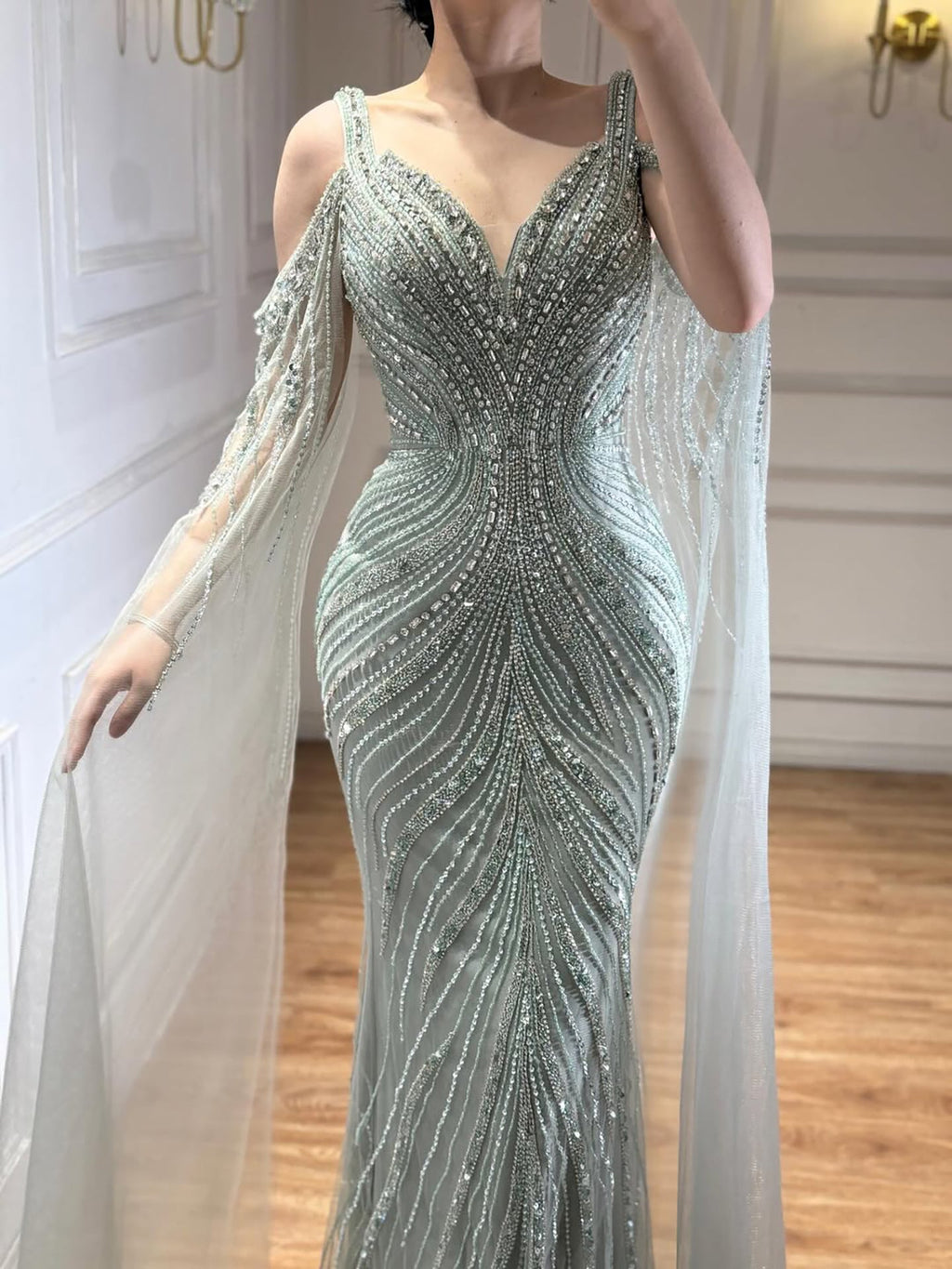 Luxury Caramel Beaded Mermaid Evening Dress With Cape Sleeves CLA73210
