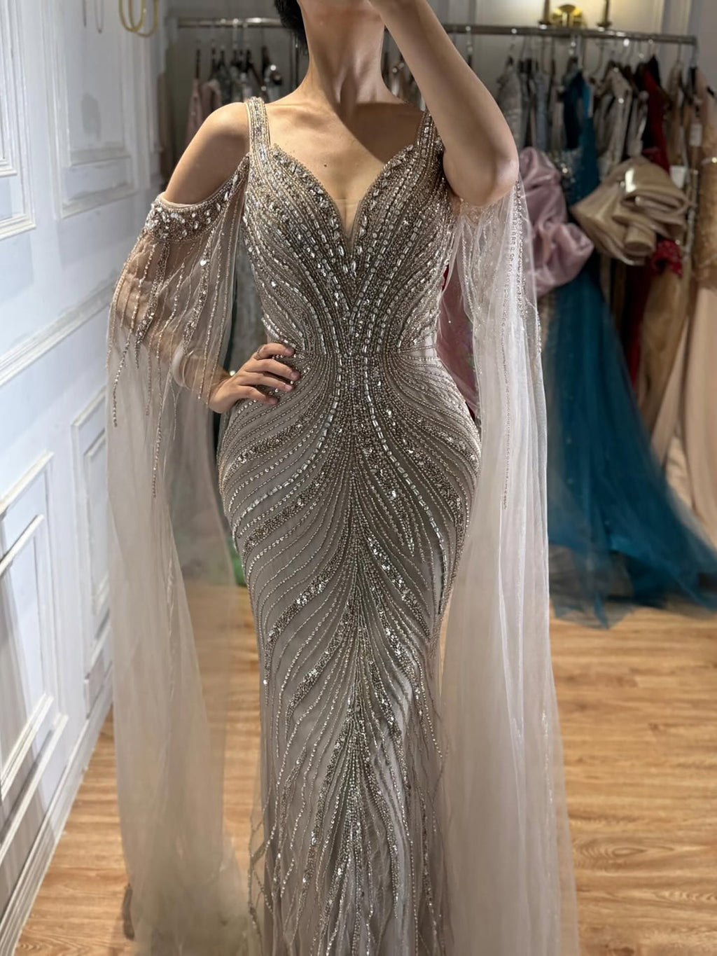 Luxury Caramel Beaded Mermaid Evening Dress With Cape Sleeves CLA73210