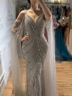 Luxury Caramel Beaded Mermaid Evening Dress With Cape Sleeves CLA73210