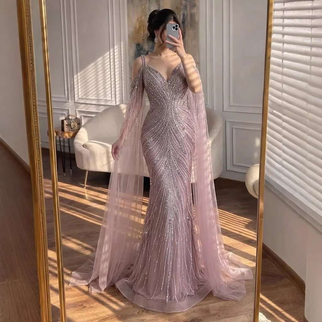 Luxury Pink Beaded Mermaid Evening Dress With Cape Sleeves CLA73210A