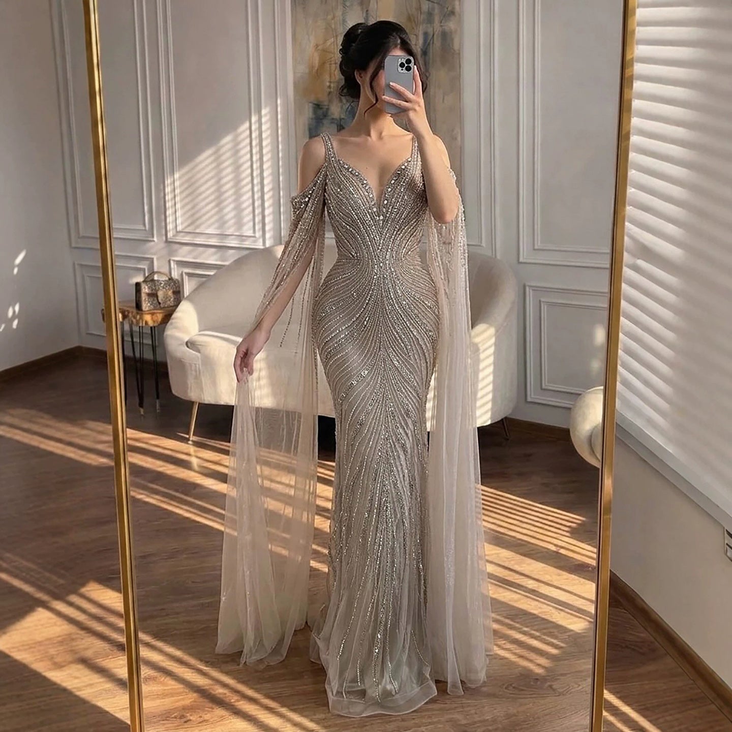 Luxury Caramel Beaded Mermaid Evening Dress With Cape Sleeves CLA73210