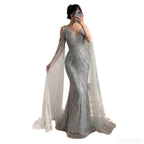 Luxury Caramel Beaded Mermaid Evening Dress With Cape Sleeves CLA73210