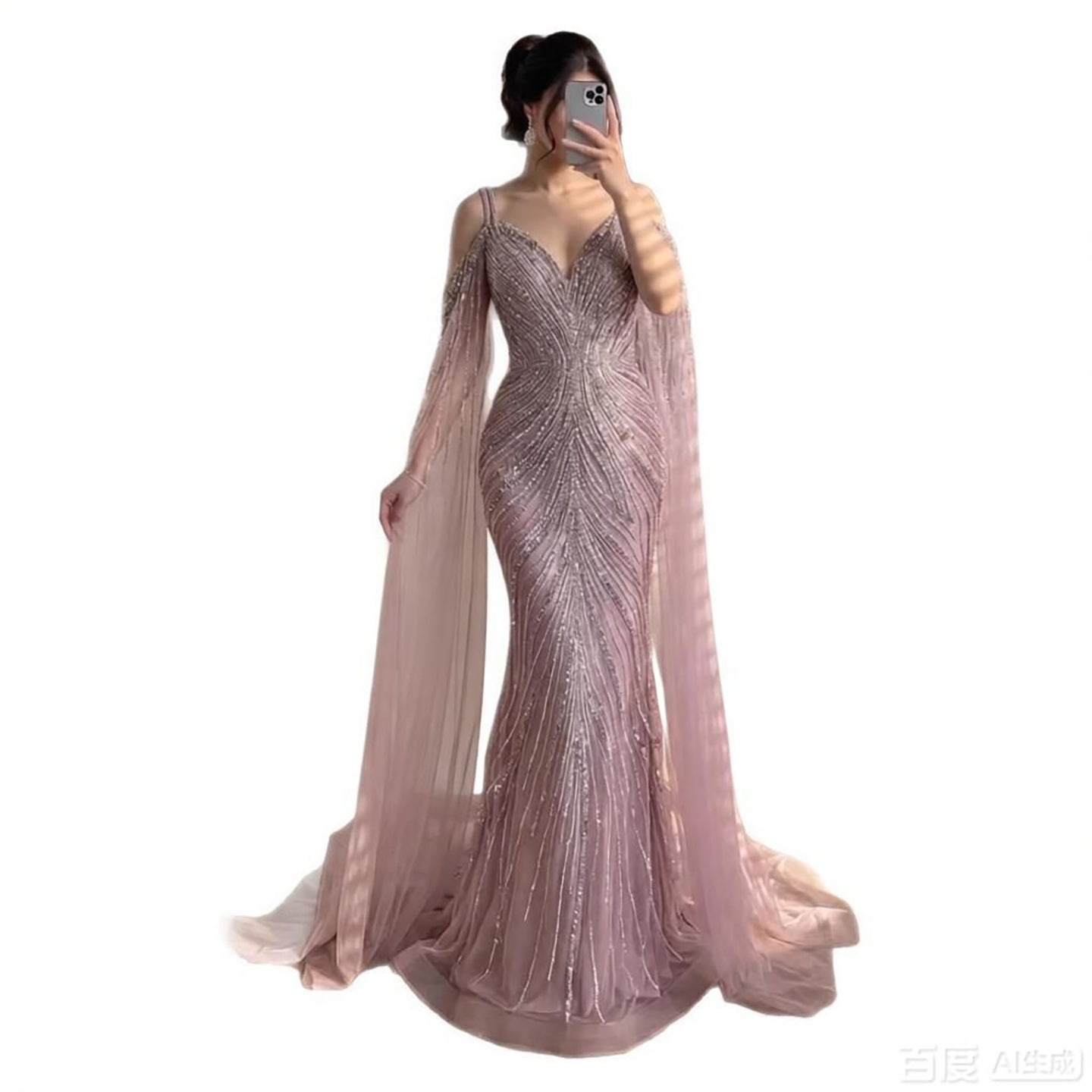 Luxury Pink Beaded Mermaid Evening Dress With Cape Sleeves CLA73210A