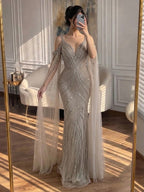 Luxury Caramel Beaded Mermaid Evening Dress With Cape Sleeves CLA73210