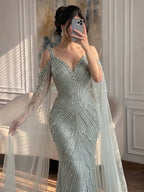 Luxury Caramel Beaded Mermaid Evening Dress With Cape Sleeves CLA73210