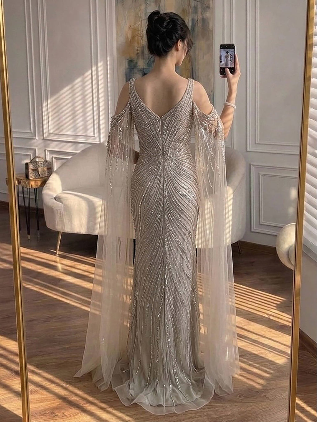 Luxury Caramel Beaded Mermaid Evening Dress With Cape Sleeves CLA73210