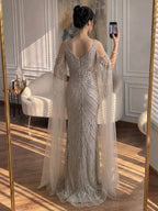 Luxury Caramel Beaded Mermaid Evening Dress With Cape Sleeves CLA73210