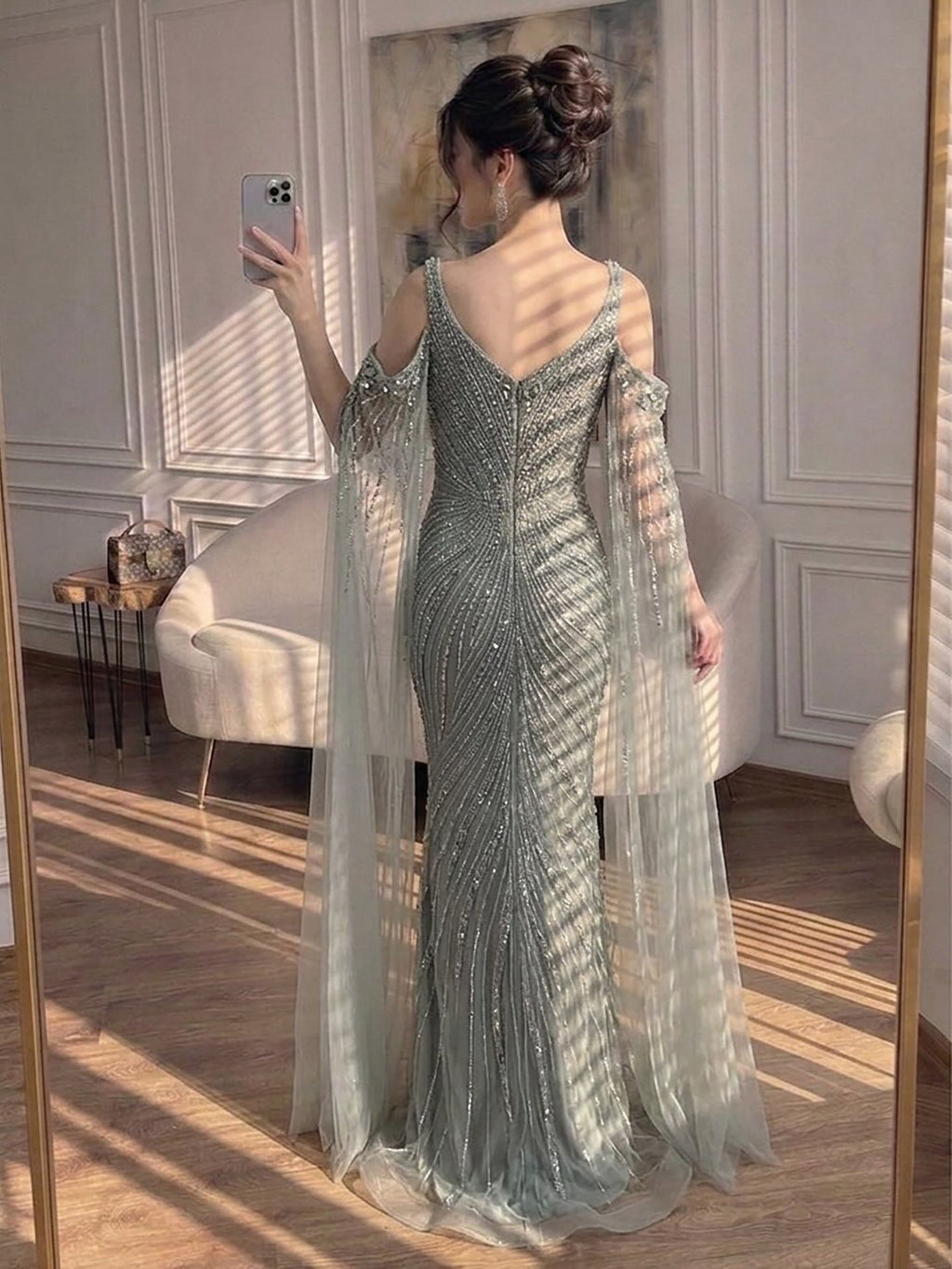 Luxury Caramel Beaded Mermaid Evening Dress With Cape Sleeves CLA73210