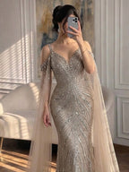 Luxury Caramel Beaded Mermaid Evening Dress With Cape Sleeves CLA73210