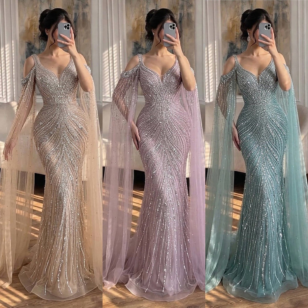 Luxury Pink Beaded Mermaid Evening Dress With Cape Sleeves CLA73210A