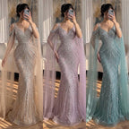 Luxury Pink Beaded Mermaid Evening Dress With Cape Sleeves CLA73210A