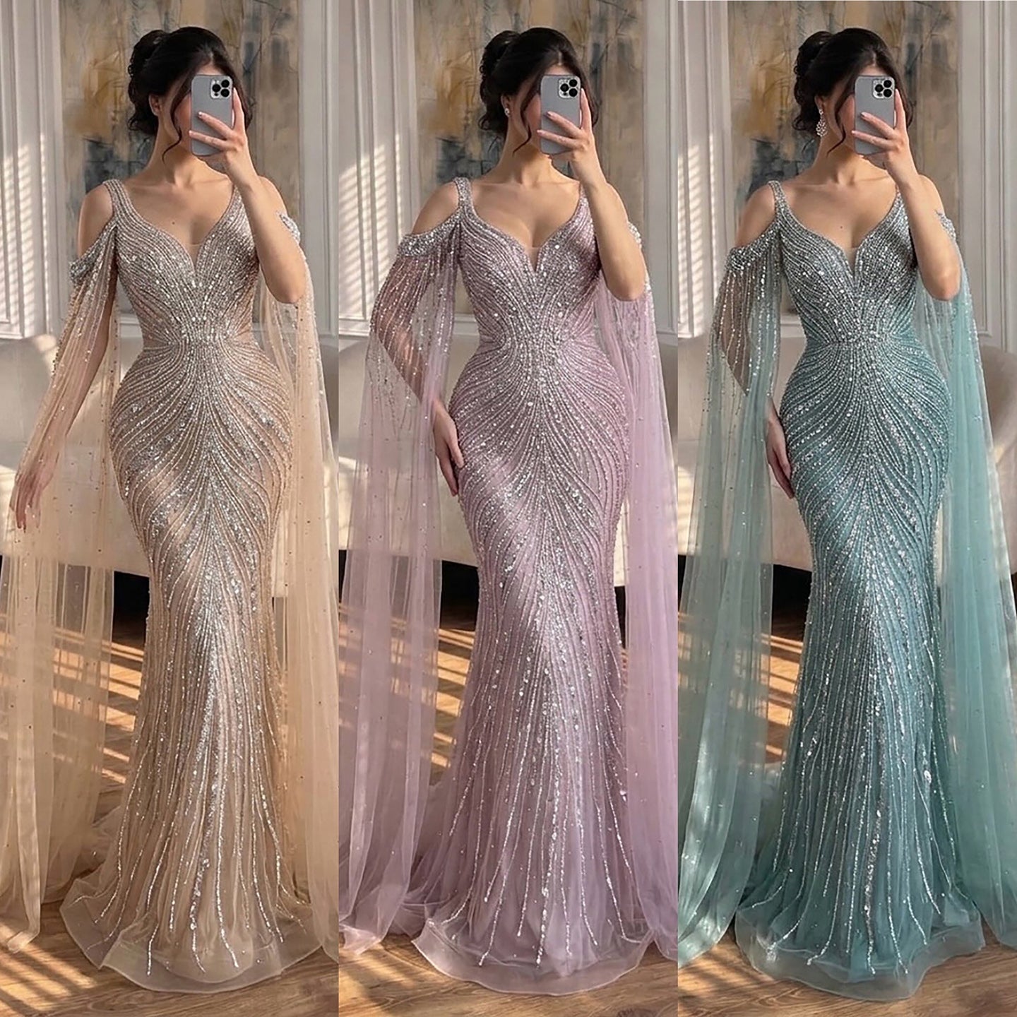 Luxury Pink Beaded Mermaid Evening Dress With Cape Sleeves CLA73210A