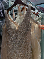 Luxury Pink Beaded Mermaid Evening Dress With Cape Sleeves CLA73210A