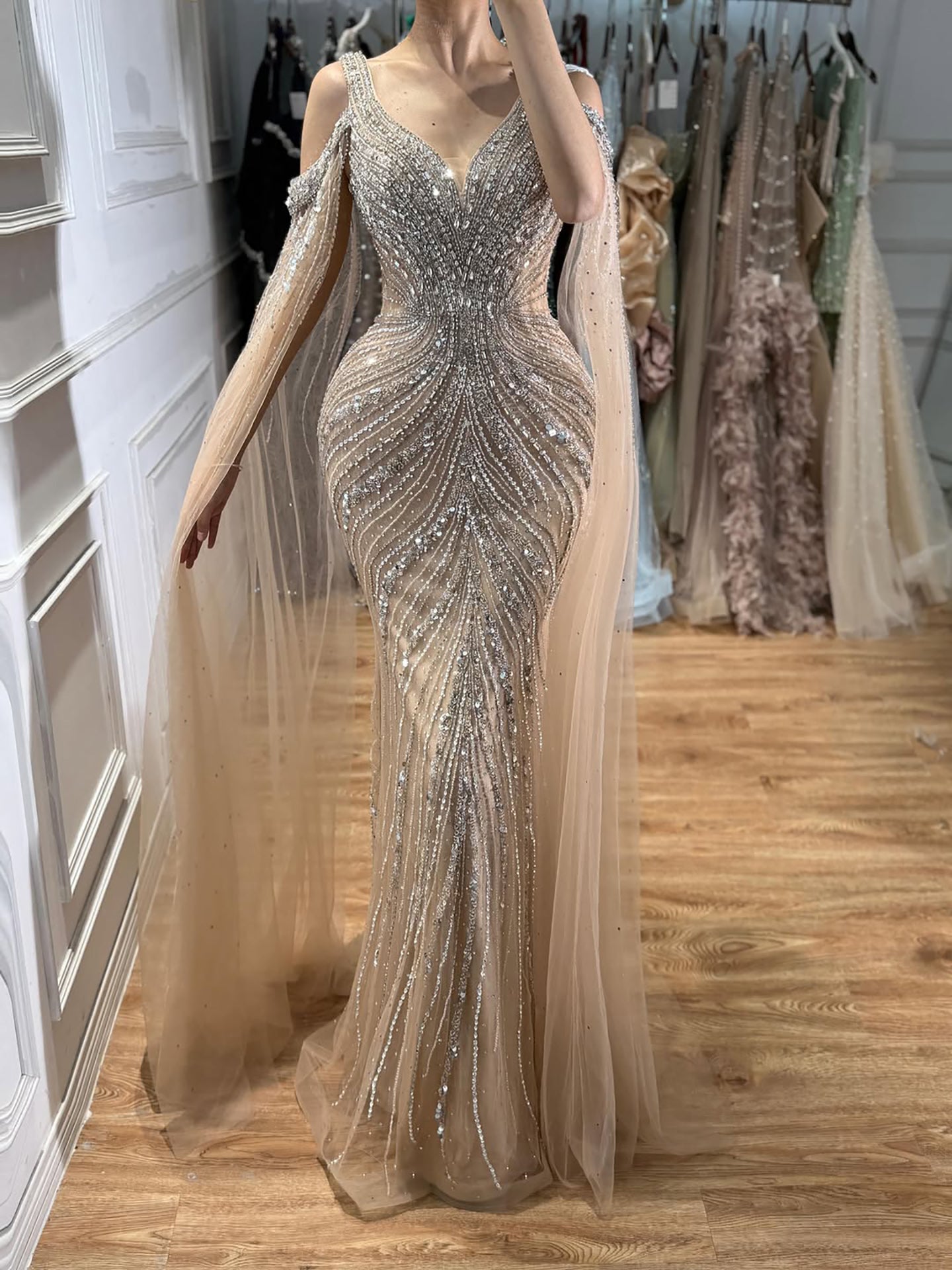 Luxury Pink Beaded Mermaid Evening Dress With Cape Sleeves CLA73210A