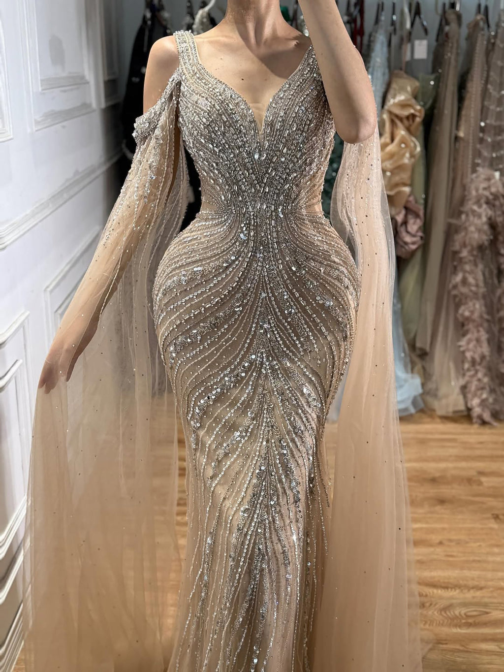 Luxury Pink Beaded Mermaid Evening Dress With Cape Sleeves CLA73210A