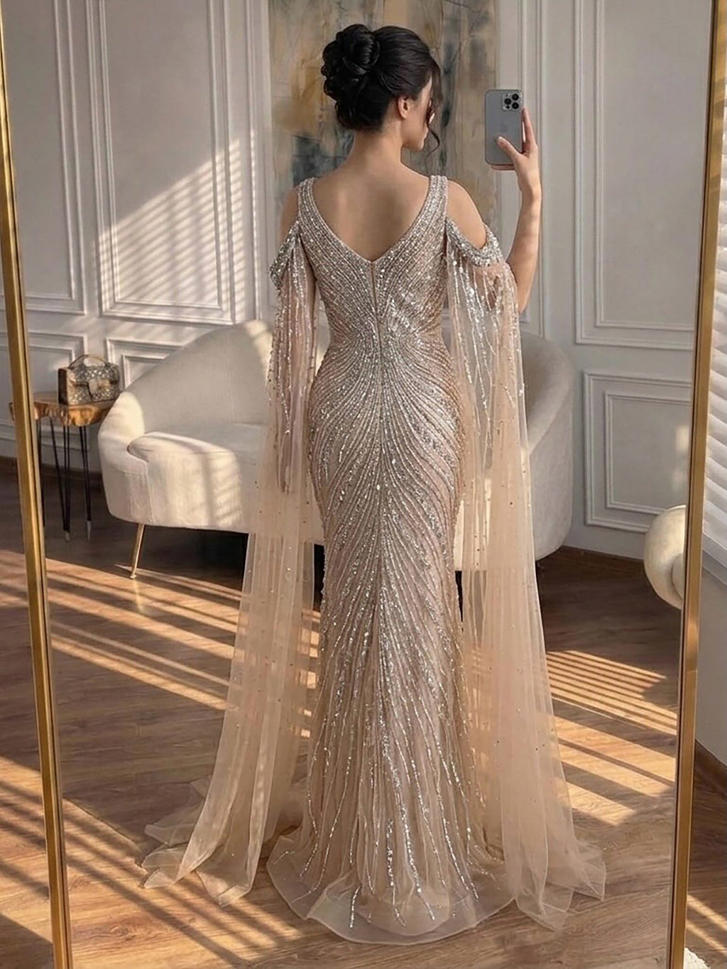 Luxury Pink Beaded Mermaid Evening Dress With Cape Sleeves CLA73210A