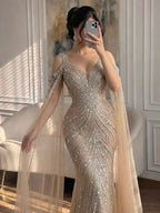 Luxury Pink Beaded Mermaid Evening Dress With Cape Sleeves CLA73210A