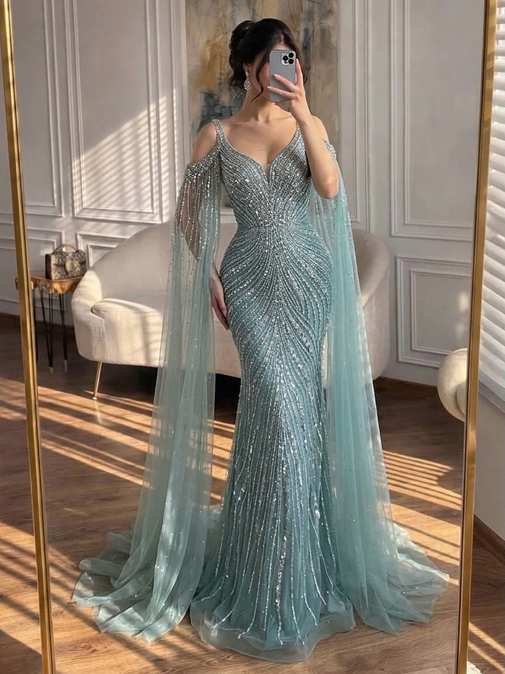 Luxury Pink Beaded Mermaid Evening Dress With Cape Sleeves CLA73210A