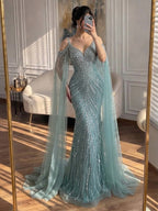 Luxury Pink Beaded Mermaid Evening Dress With Cape Sleeves CLA73210A