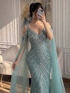 Luxury Pink Beaded Mermaid Evening Dress With Cape Sleeves CLA73210A