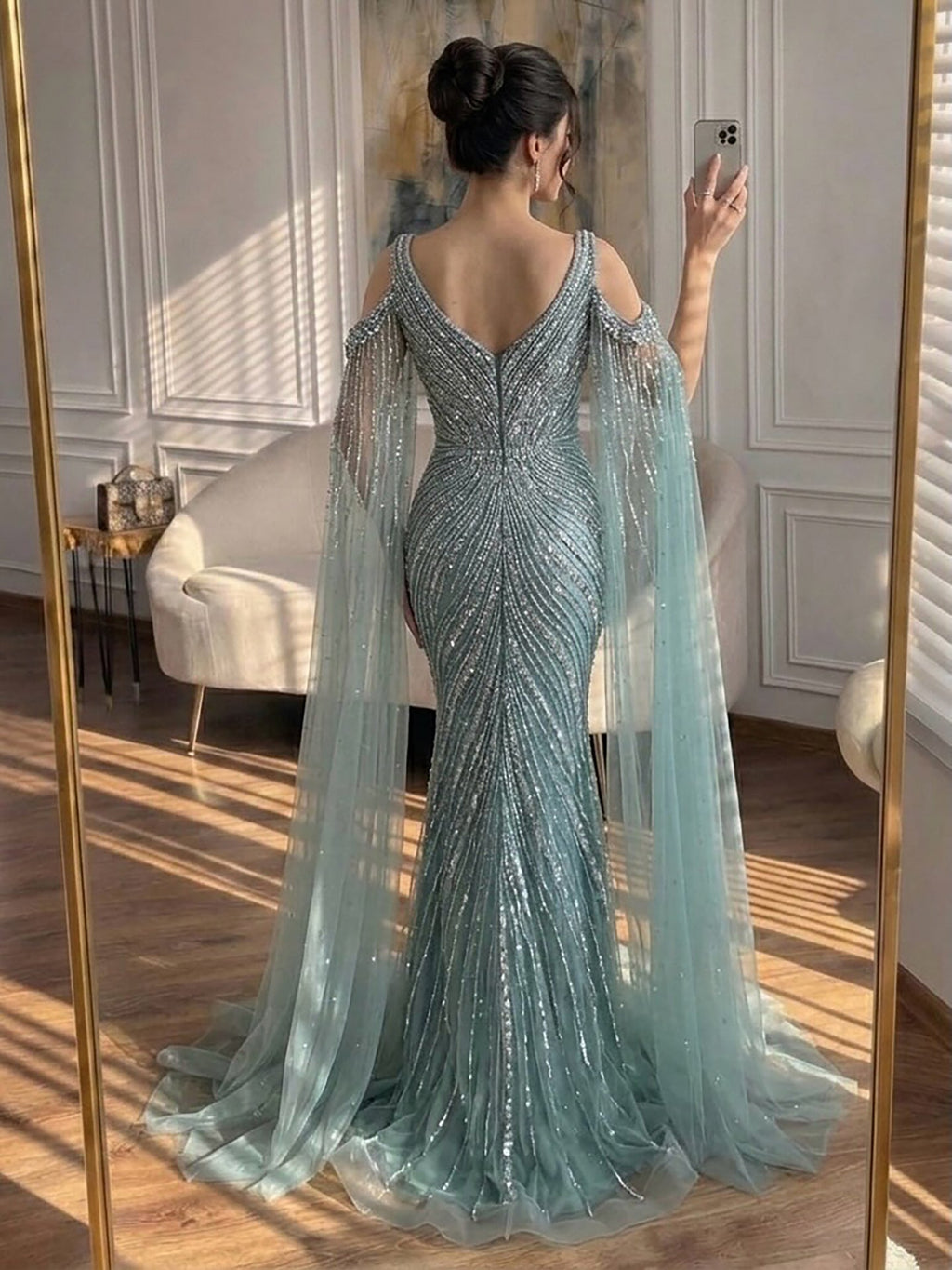 Luxury Pink Beaded Mermaid Evening Dress With Cape Sleeves CLA73210A