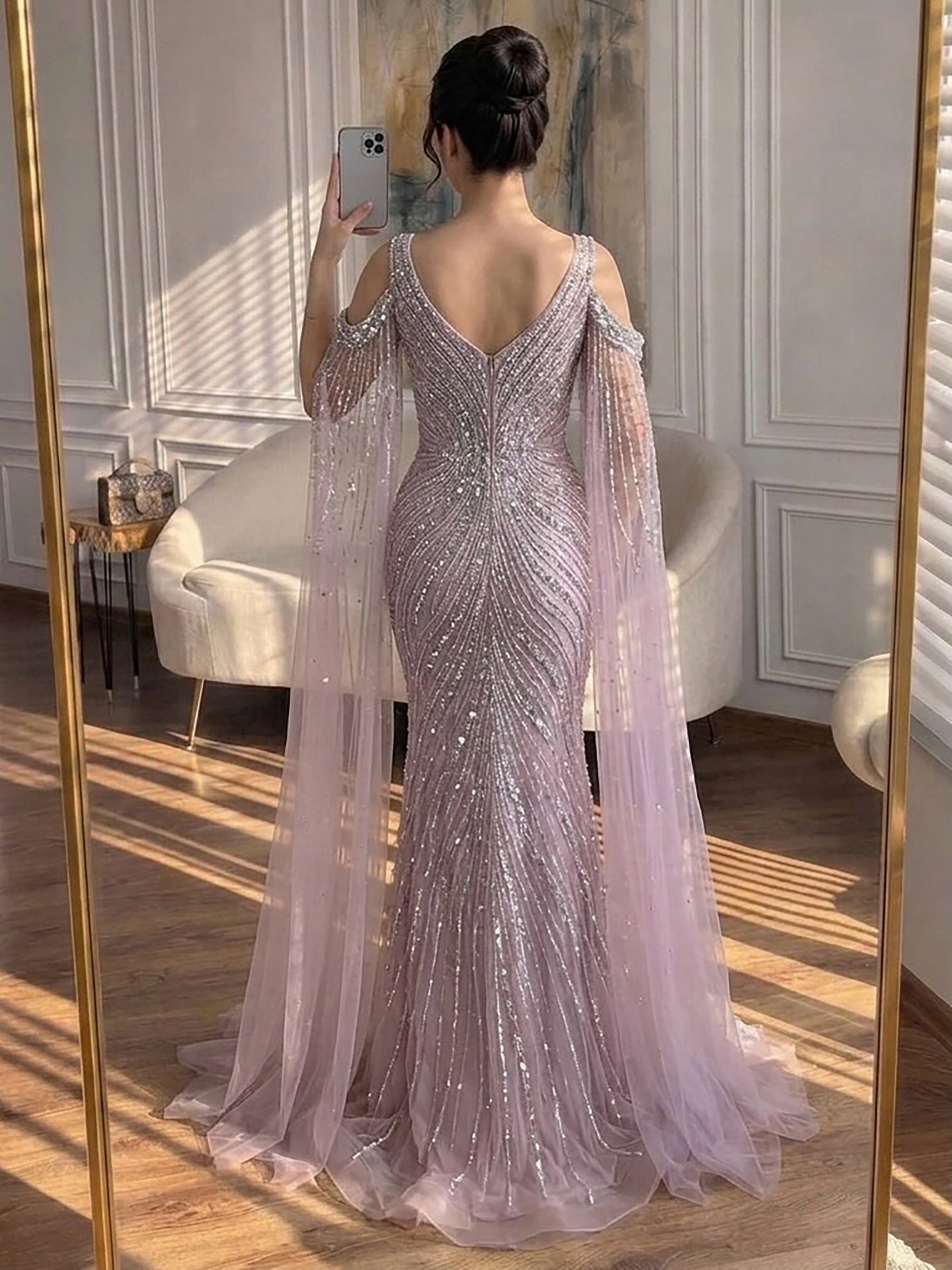 Luxury Pink Beaded Mermaid Evening Dress With Cape Sleeves CLA73210A
