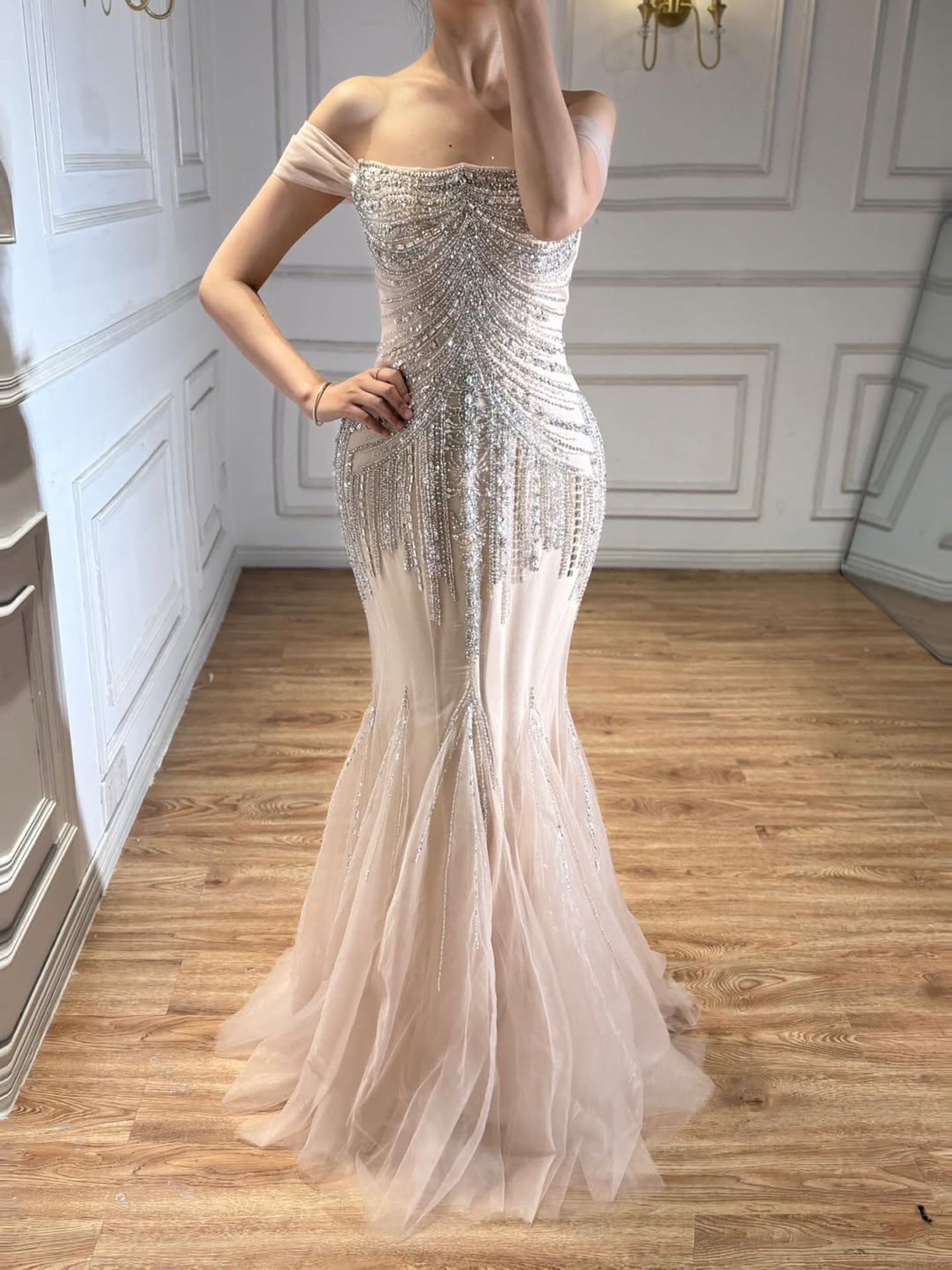 Luxury Nude Beaded Mermaid Evening Dress 2026 CLA73214