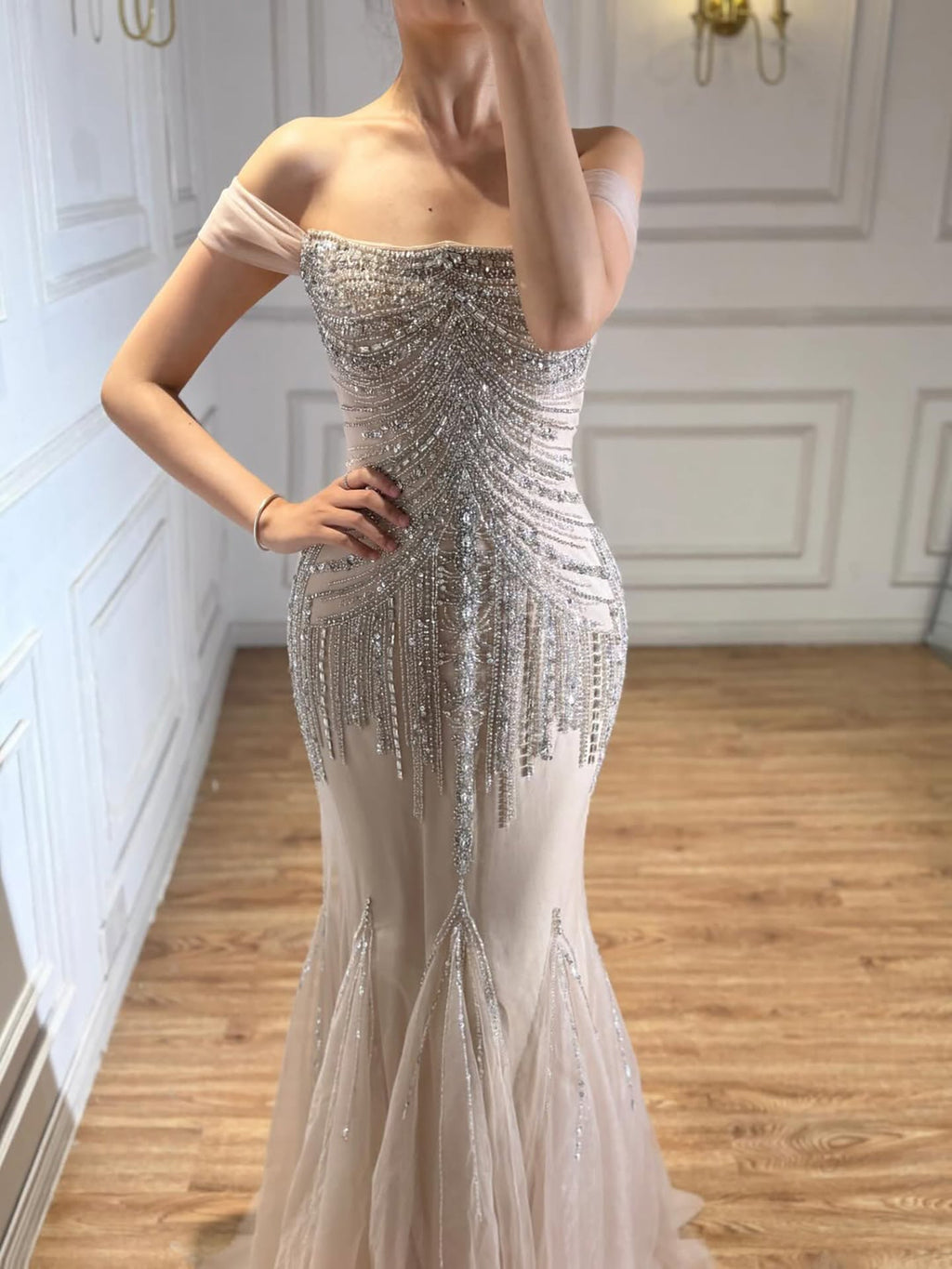 Luxury Nude Beaded Mermaid Evening Dress 2026 CLA73214