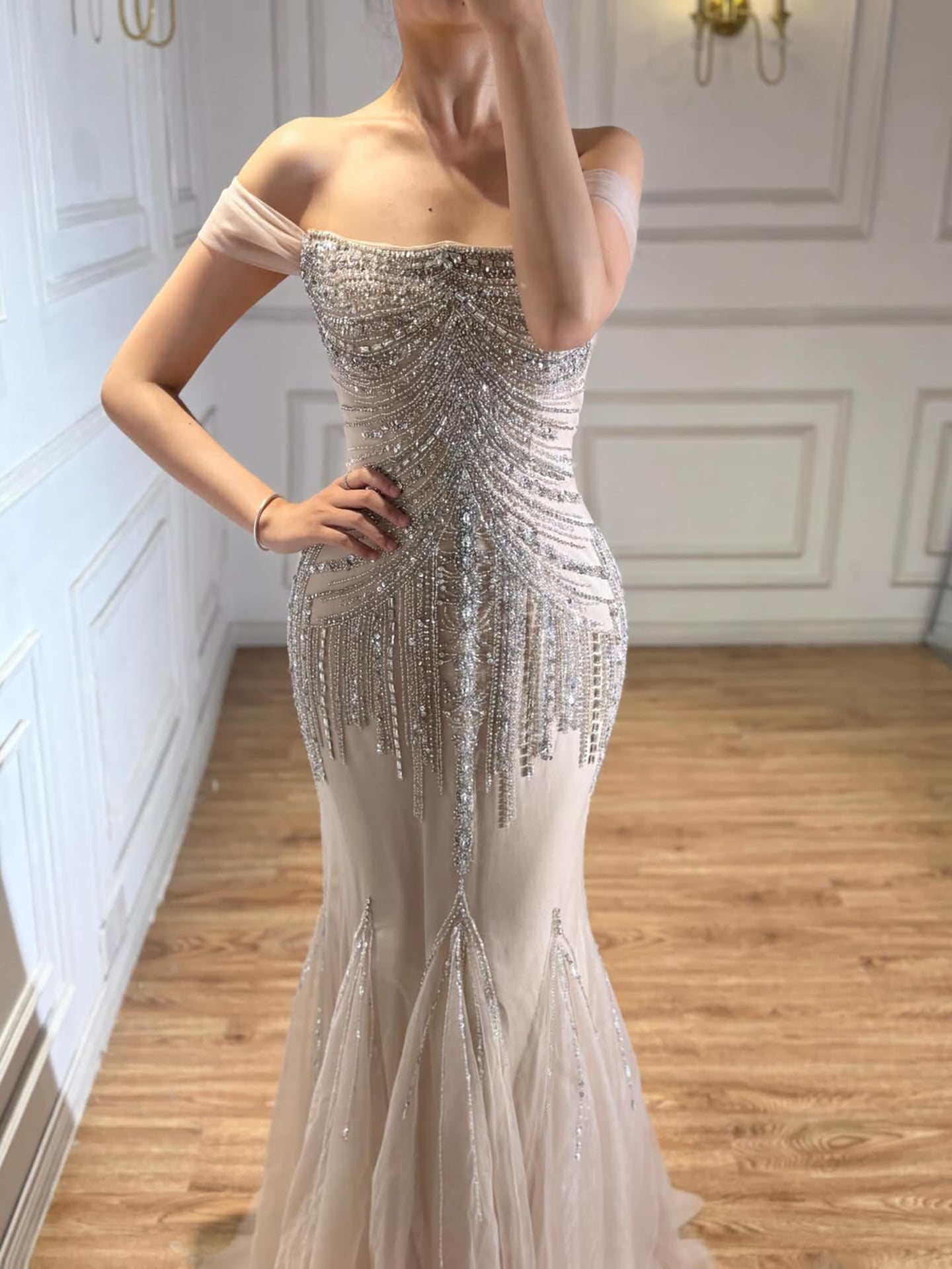 Luxury Nude Beaded Mermaid Evening Dress 2026 CLA73214