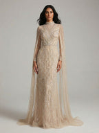 Luxury Sliver Nude Hijab Modest Muslim Beaded Mermaid Evening Dress CLA73215