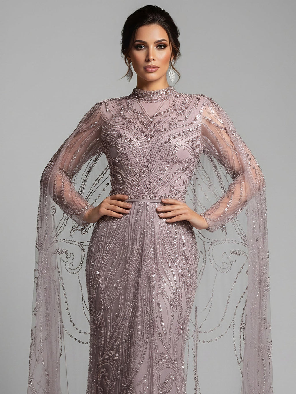 Luxury Sliver Nude Hijab Modest Muslim Beaded Mermaid Evening Dress CLA73215
