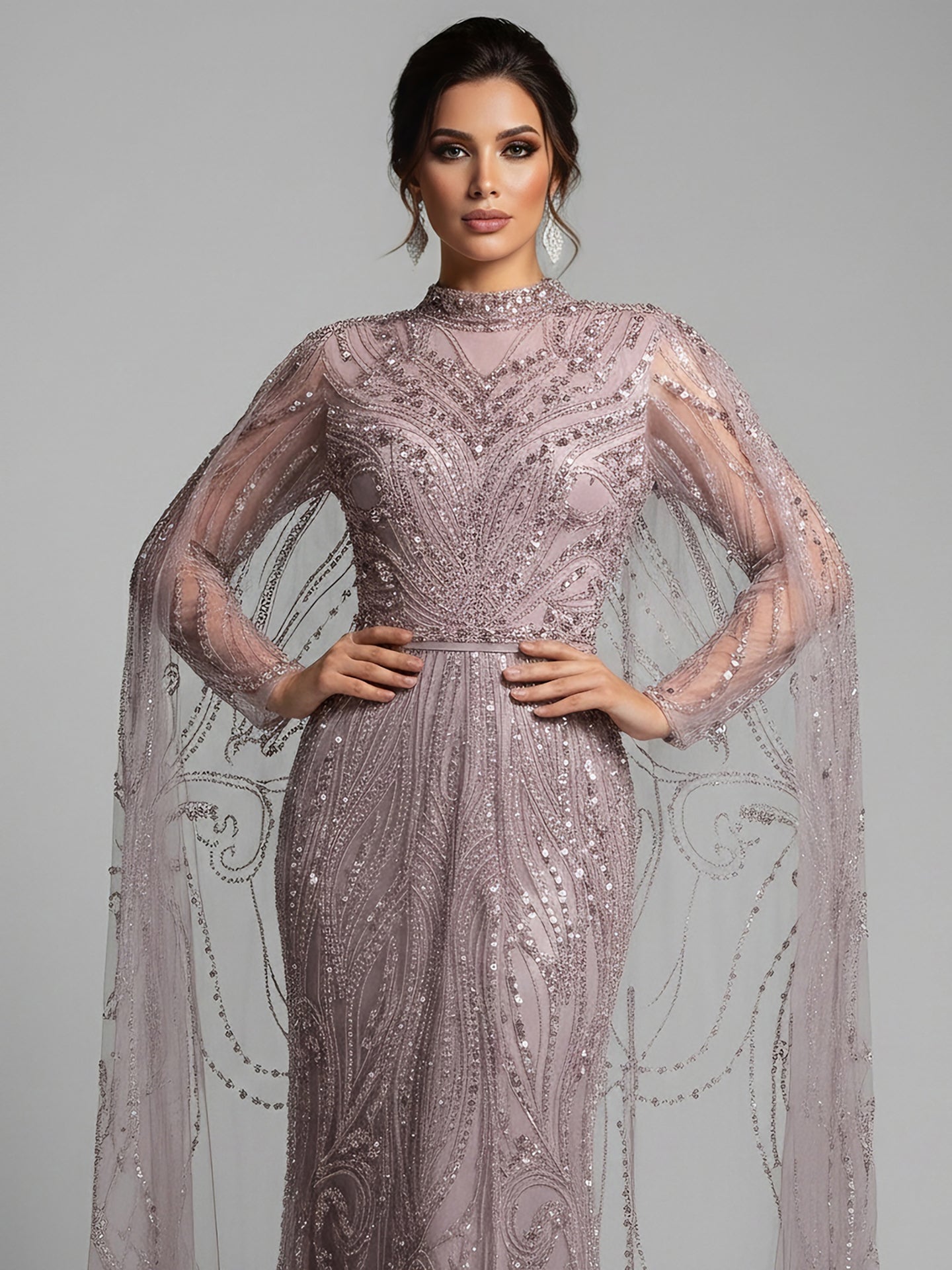 Luxury Sliver Nude Hijab Modest Muslim Beaded Mermaid Evening Dress CLA73215