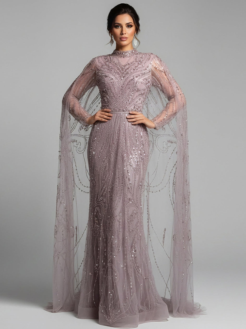 Luxury Sliver Nude Hijab Modest Muslim Beaded Mermaid Evening Dress CLA73215