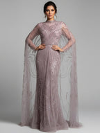 Luxury Sliver Nude Hijab Modest Muslim Beaded Mermaid Evening Dress CLA73215