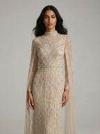 Luxury Sliver Nude Hijab Modest Muslim Beaded Mermaid Evening Dress CLA73215