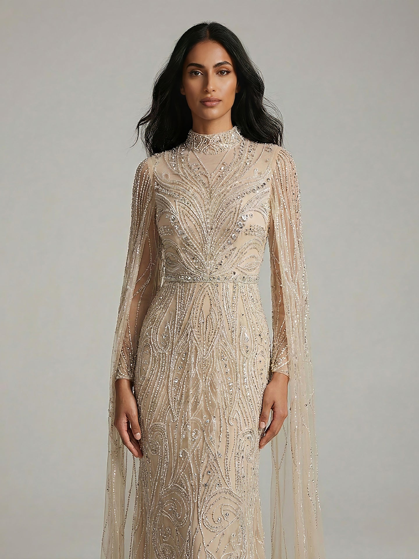 Luxury Sliver Nude Hijab Modest Muslim Beaded Mermaid Evening Dress CLA73215
