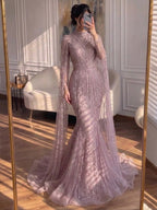 Luxury Sliver Nude Hijab Modest Muslim Beaded Mermaid Evening Dress CLA73215