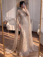 Luxury Sliver Nude Hijab Modest Muslim Beaded Mermaid Evening Dress CLA73215