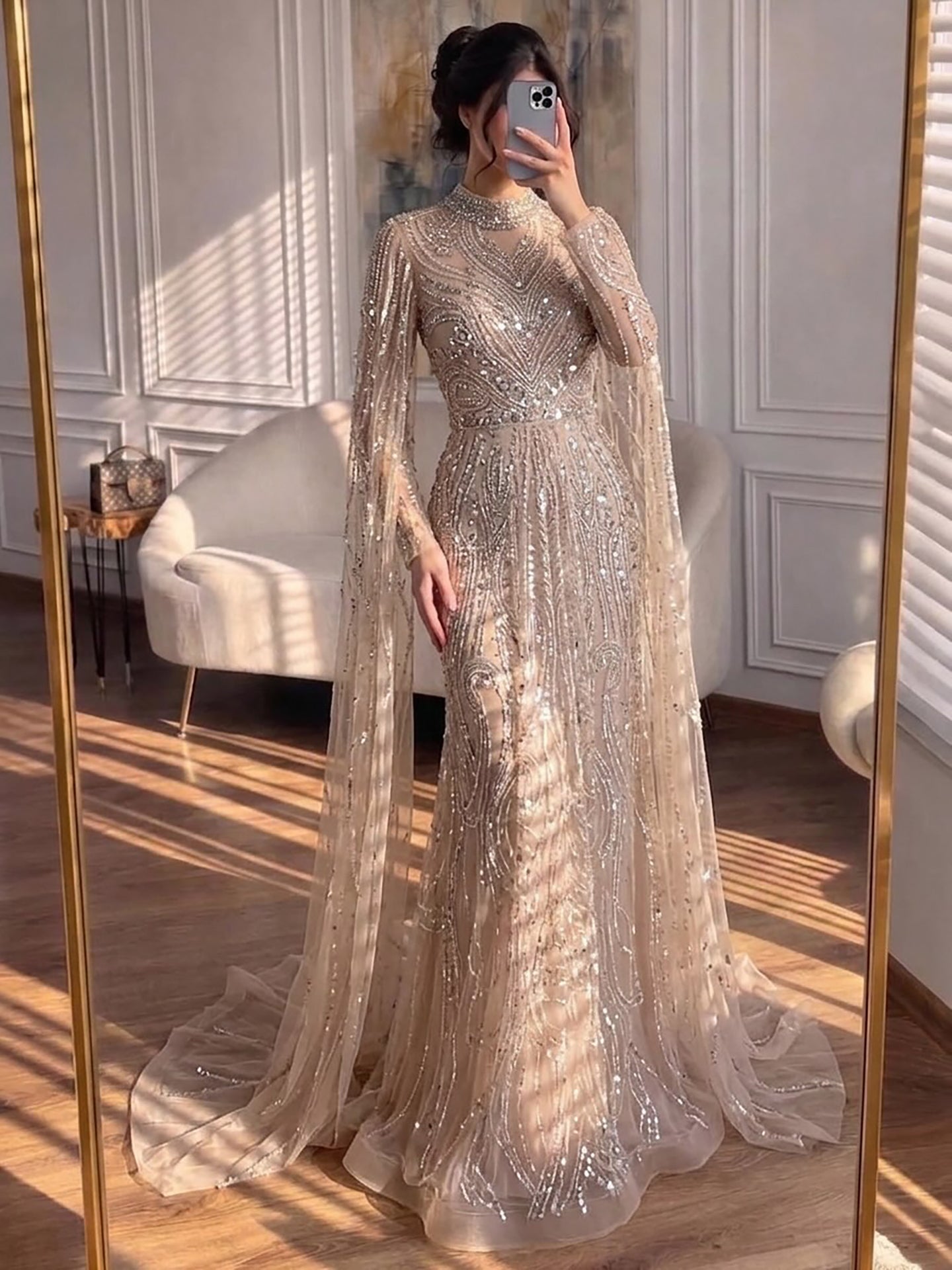 Luxury Sliver Nude Hijab Modest Muslim Beaded Mermaid Evening Dress CLA73215