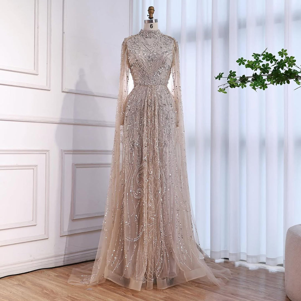 Luxury Sliver Nude Hijab Modest Muslim Beaded Mermaid Evening Dress CLA73215