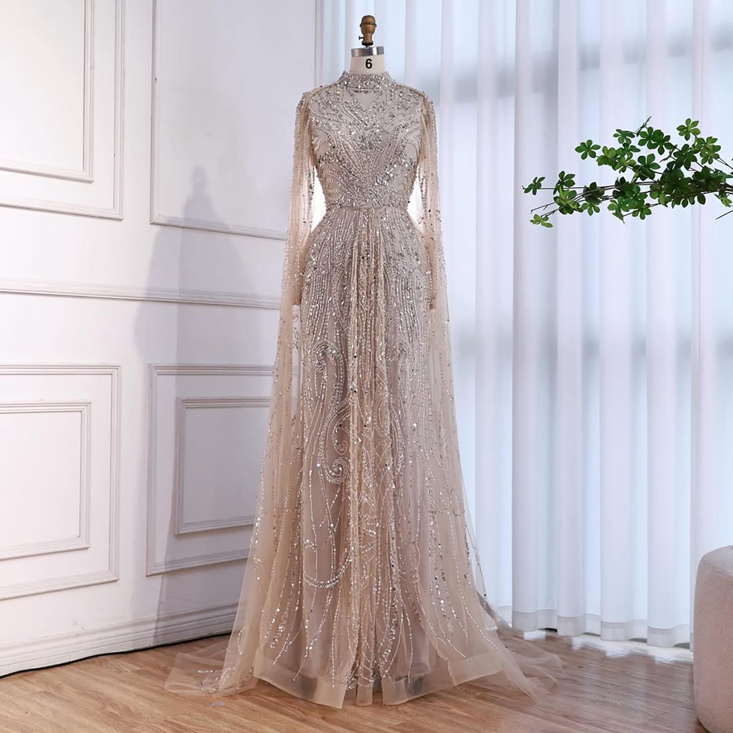 Luxury Sliver Nude Hijab Modest Muslim Beaded Mermaid Evening Dress CLA73215