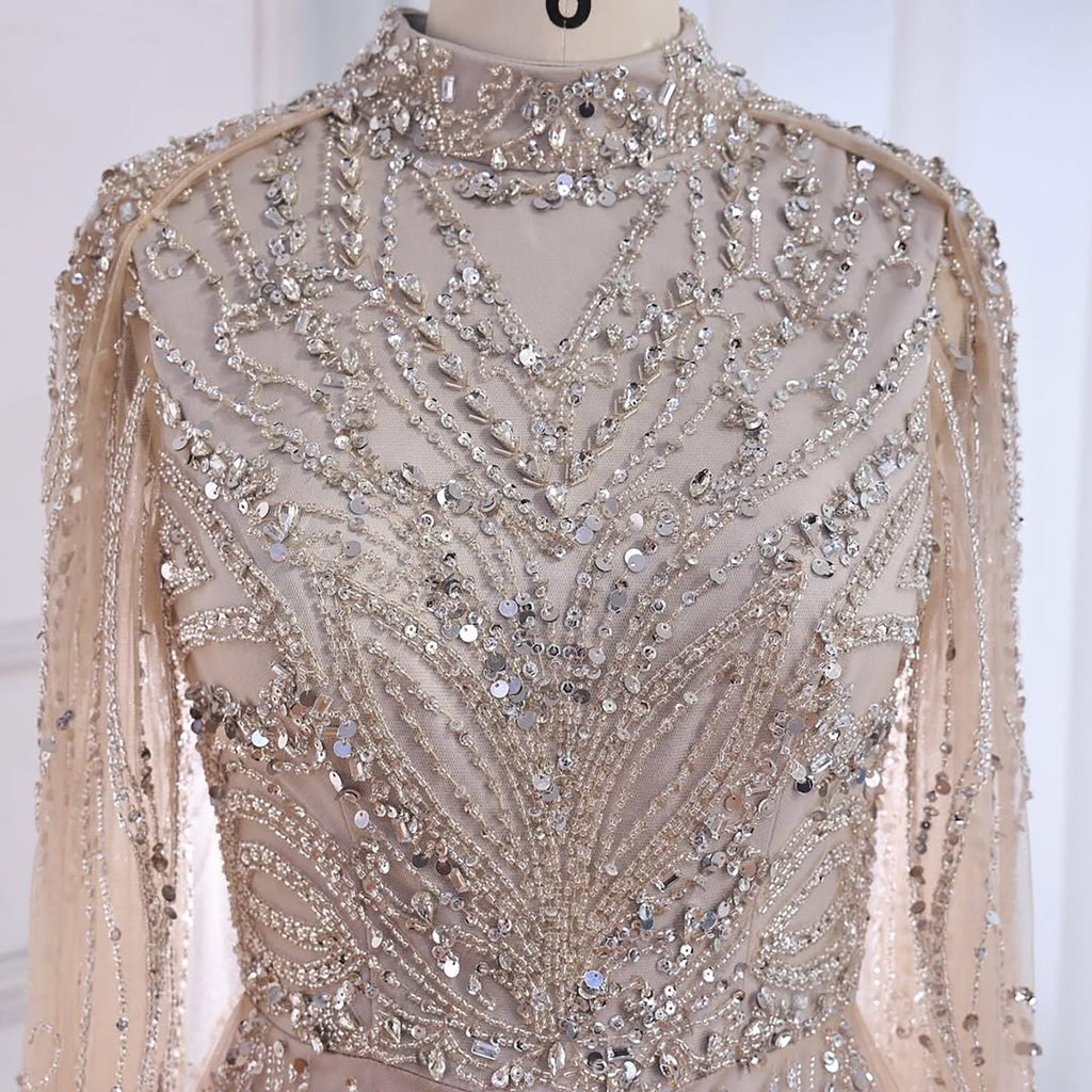 Luxury Sliver Nude Hijab Modest Muslim Beaded Mermaid Evening Dress CLA73215