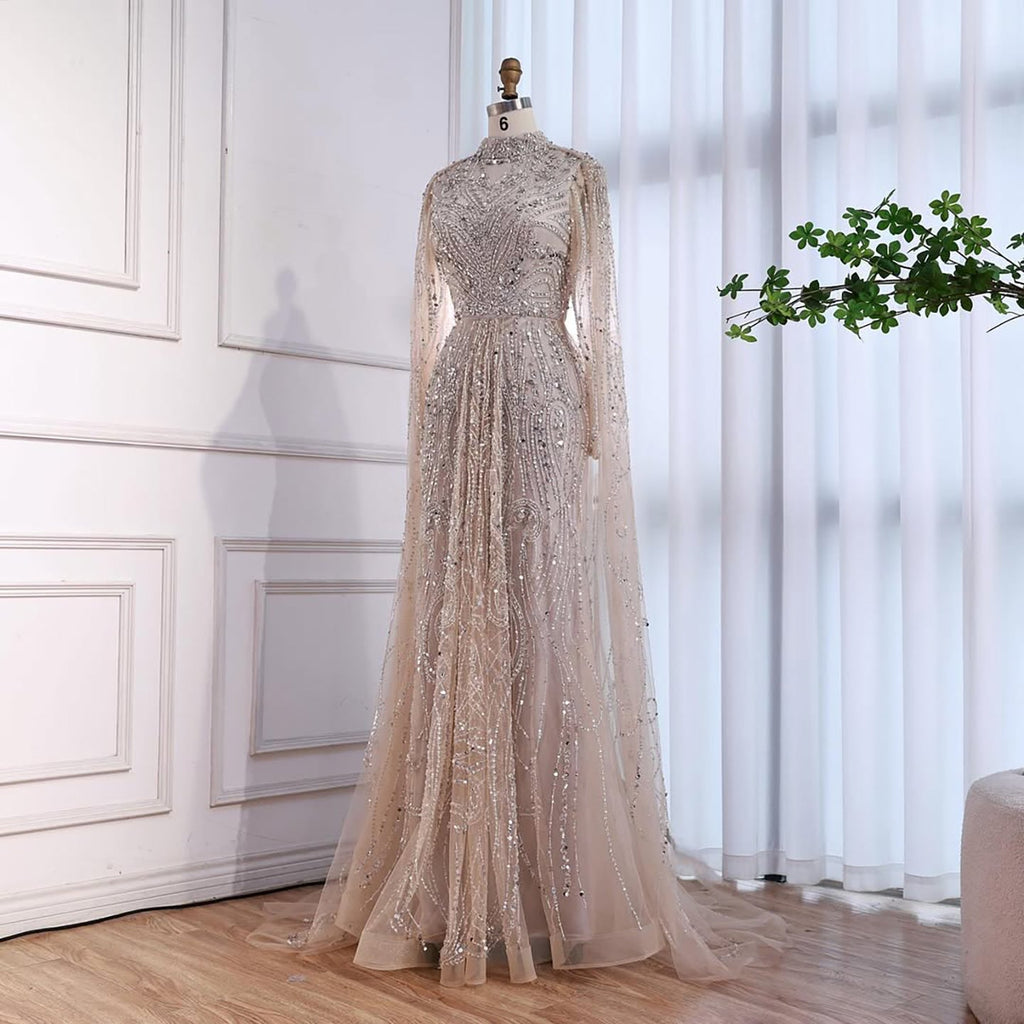 Luxury Sliver Nude Hijab Modest Muslim Beaded Mermaid Evening Dress CLA73215