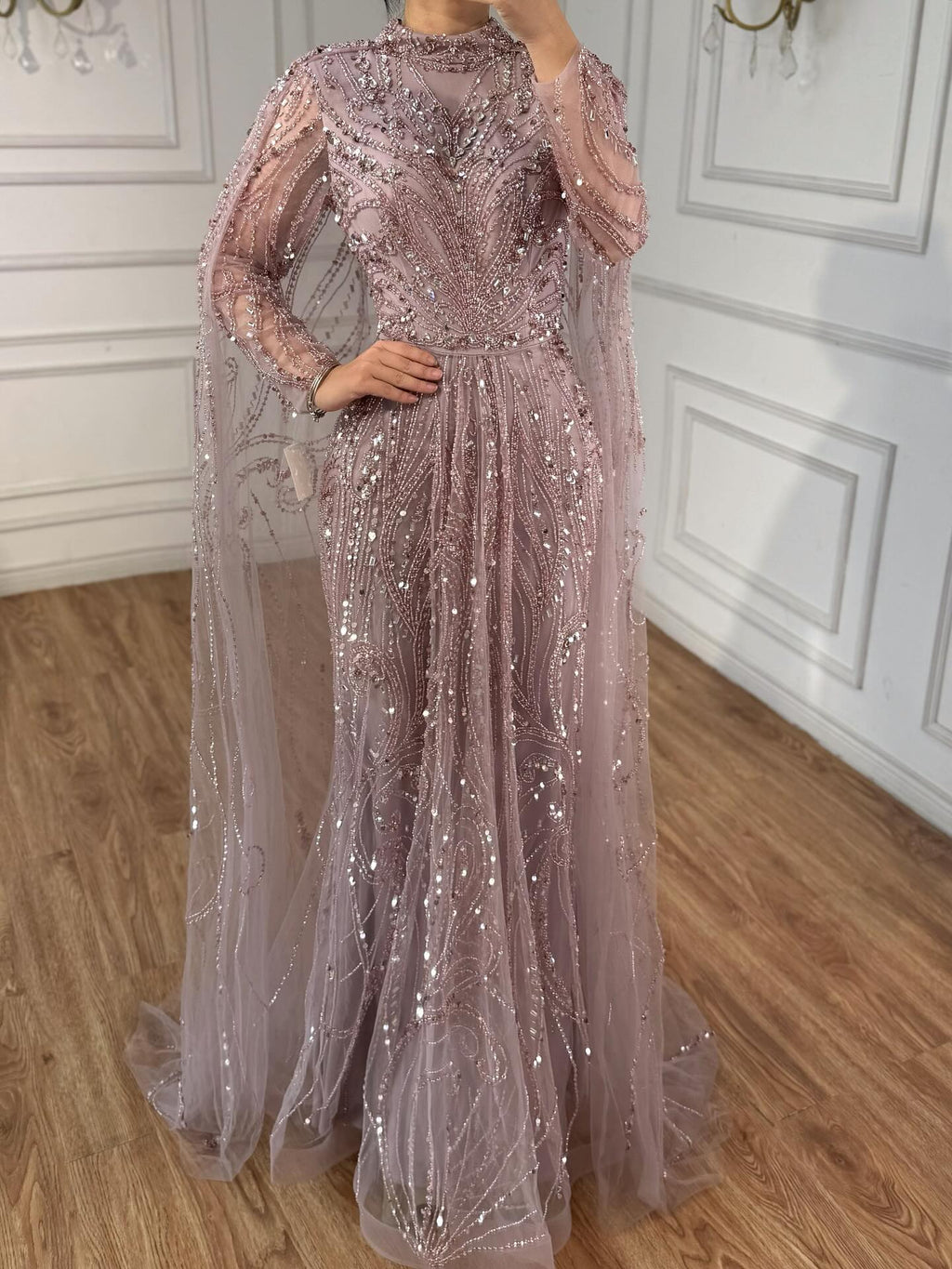 Luxury Sliver Nude Hijab Modest Muslim Beaded Mermaid Evening Dress CLA73215