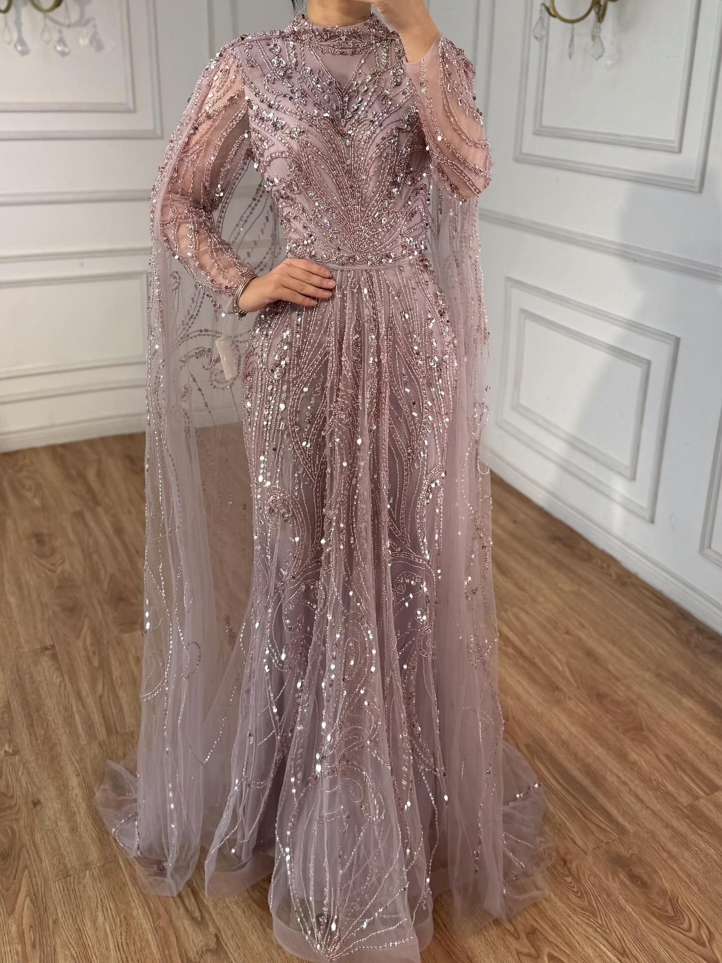 Luxury Sliver Nude Hijab Modest Muslim Beaded Mermaid Evening Dress CLA73215