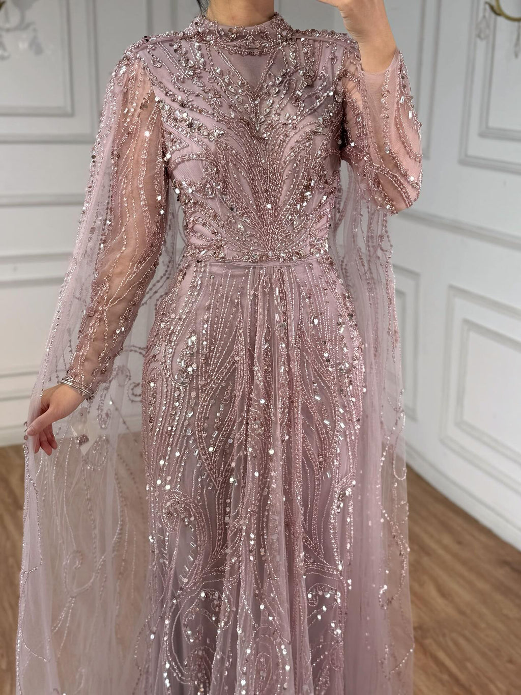 Luxury Sliver Nude Hijab Modest Muslim Beaded Mermaid Evening Dress CLA73215